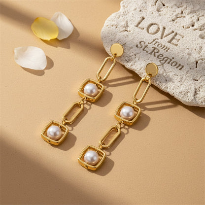 Pearl and 18K Gold-Plated Geometric Drop Earrings, gold drop earrings for women, vintage-inspired design, lifestyle look