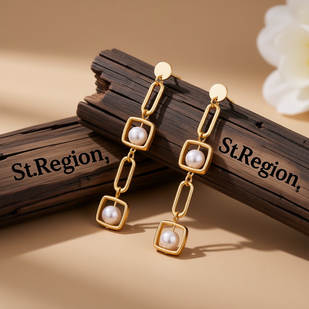 Pearl and 18K Gold-Plated Geometric Drop Earrings, gold drop earrings for women, vintage-inspired design, front view