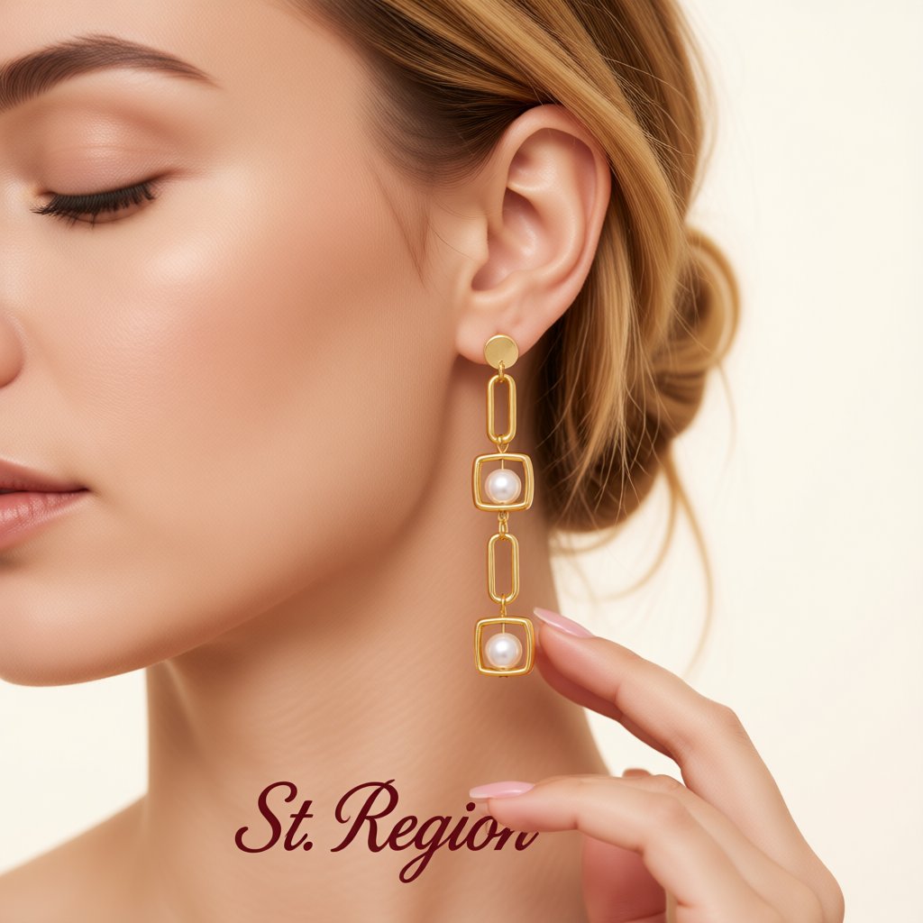Pearl and 18K Gold-Plated Geometric Drop Earrings, gold drop earrings for women, vintage-inspired design, styled look