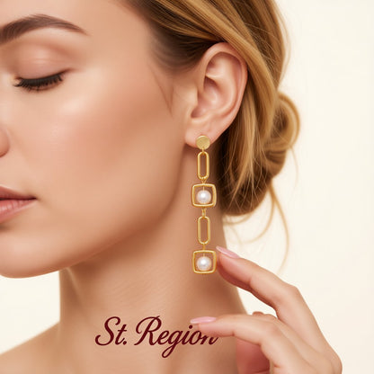 Pearl and 18K Gold-Plated Geometric Drop Earrings, gold drop earrings for women, vintage-inspired design, styled look