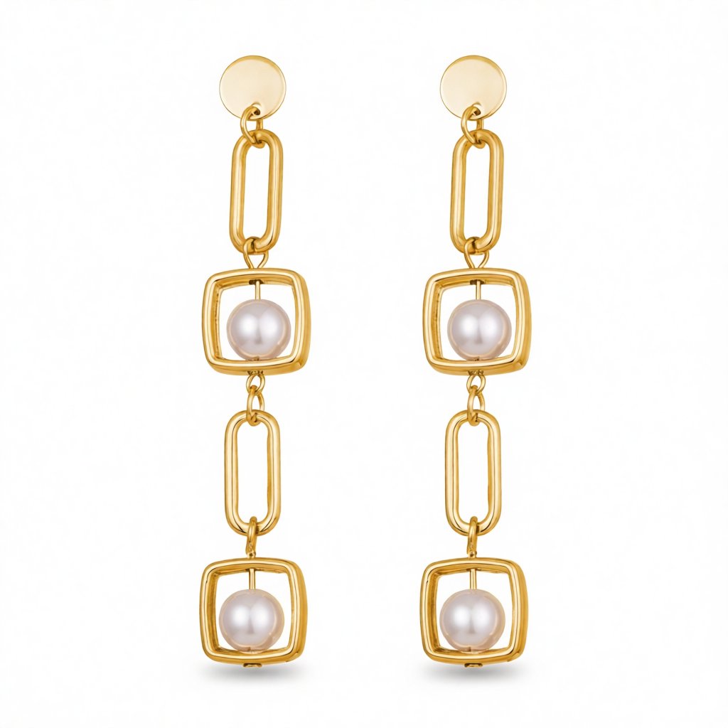 Pearl and 18K Gold-Plated Geometric Drop Earrings, gold drop earrings for women, vintage-inspired design, side view