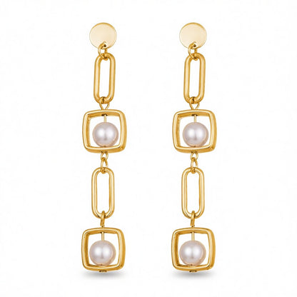 Pearl and 18K Gold-Plated Geometric Drop Earrings, gold drop earrings for women, vintage-inspired design, side view