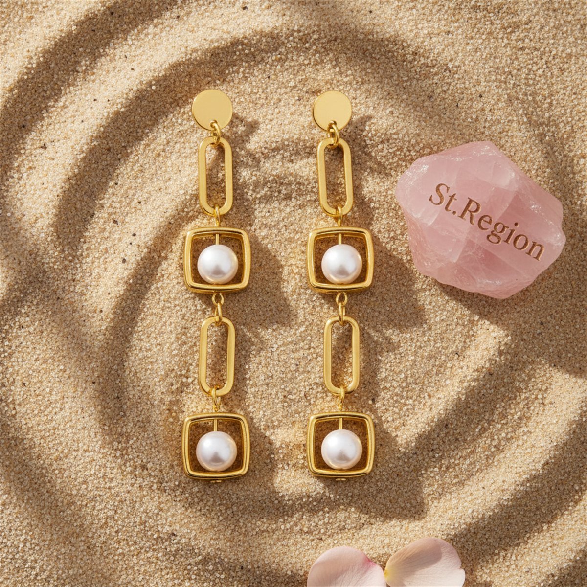 Pearl and 18K Gold-Plated Geometric Drop Earrings, gold drop earrings for women, vintage-inspired design, detail close-up