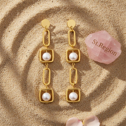 Pearl and 18K Gold-Plated Geometric Drop Earrings, gold drop earrings for women, vintage-inspired design, detail close-up