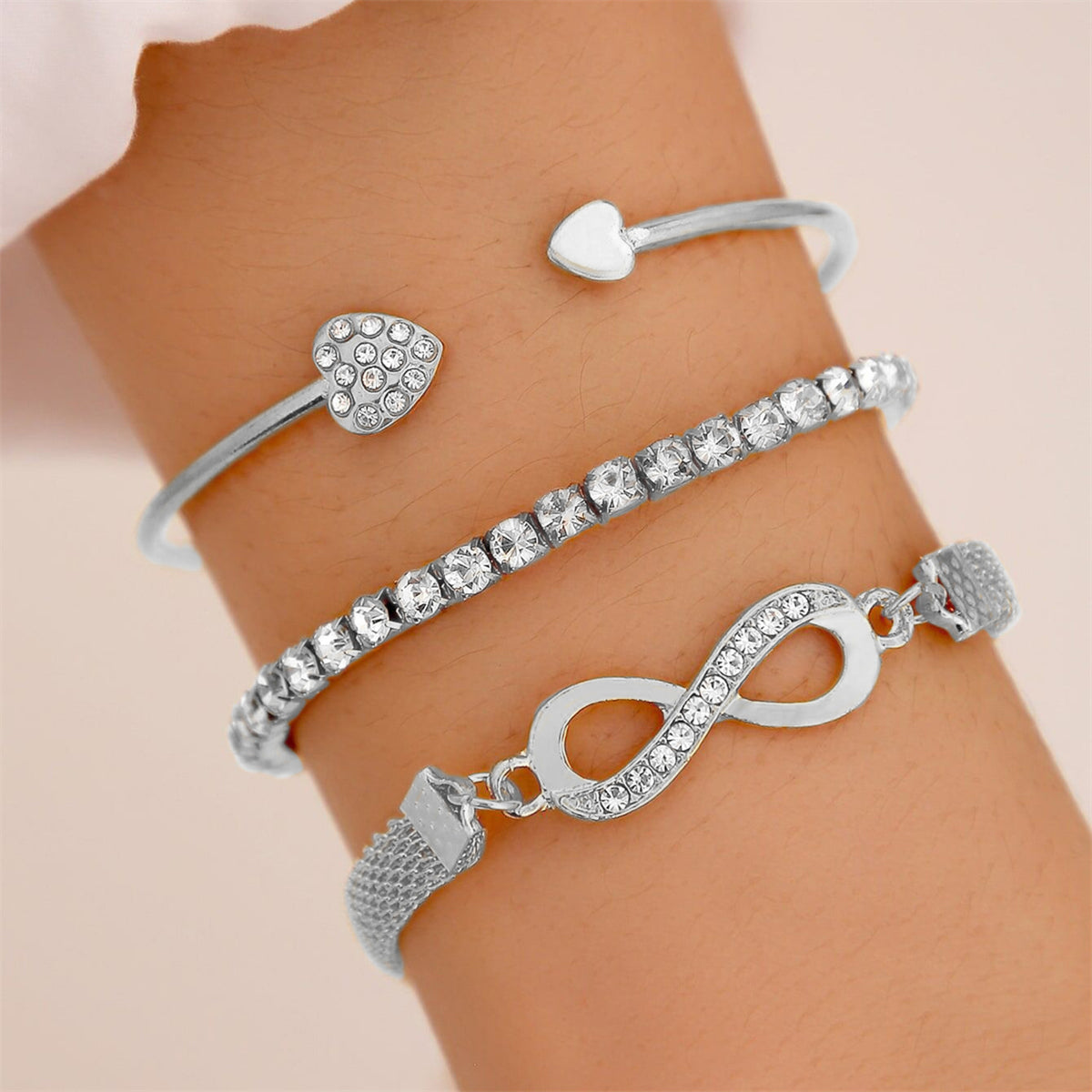 Cubic Zirconia and Silver-Plated Infinity Symbol Three-Piece Bracelet Set, silver bracelet for women, front view