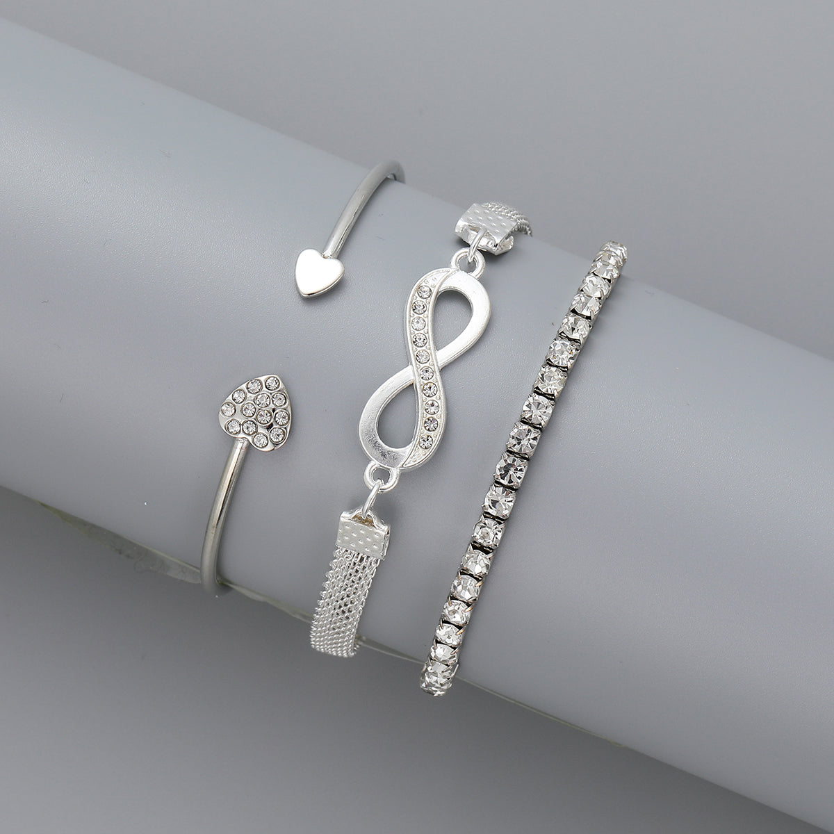 Cubic Zirconia and Silver-Plated Infinity Symbol Three-Piece Bracelet Set, silver bracelet for women, side view