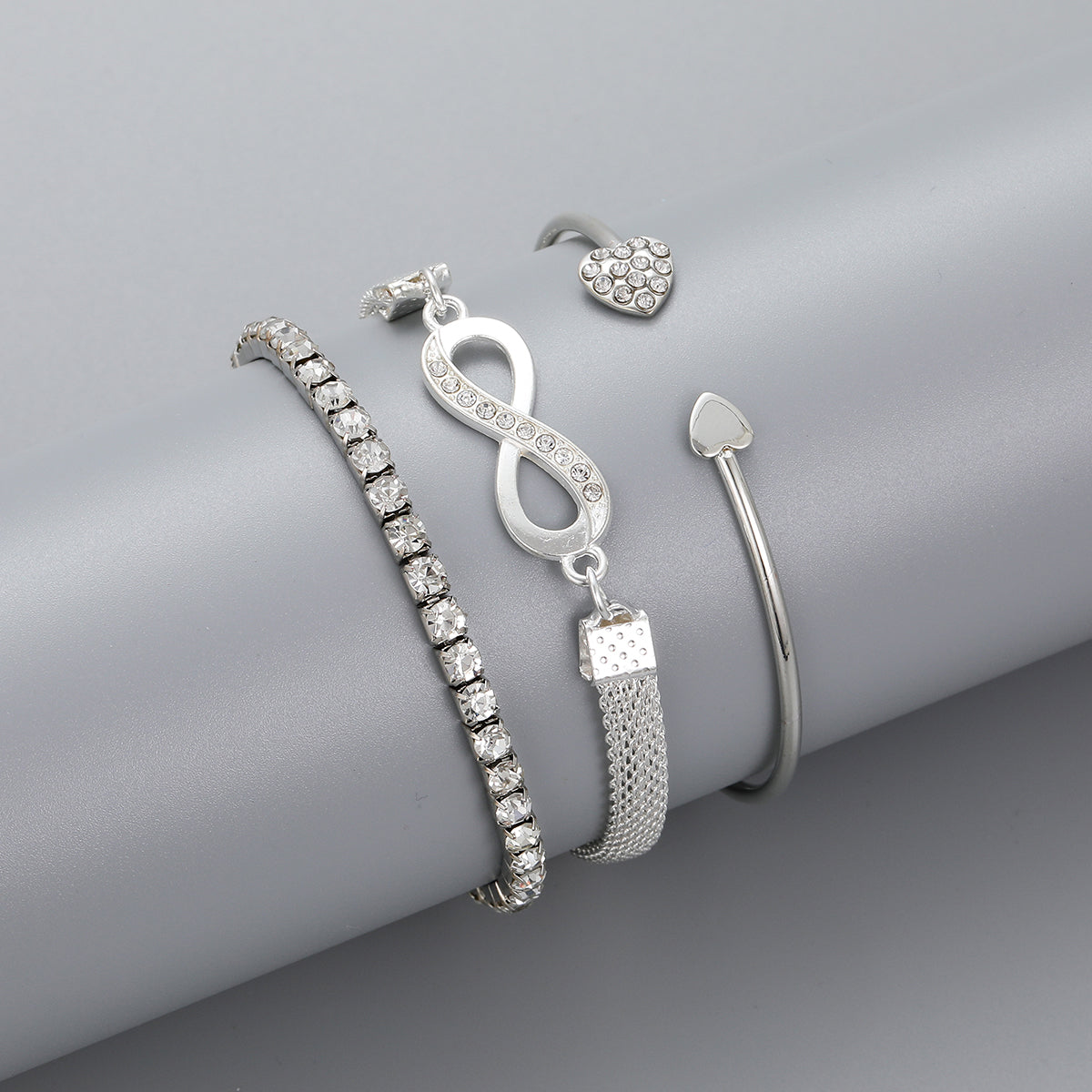 Cubic Zirconia and Silver-Plated Infinity Symbol Three-Piece Bracelet Set, silver bracelet for women, detail close-up