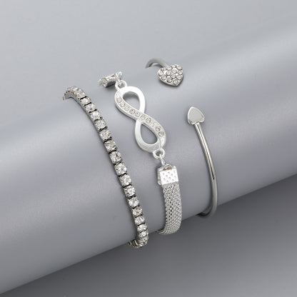 Cubic Zirconia and Silver-Plated Infinity Symbol Three-Piece Bracelet Set, silver bracelet for women, detail close-up