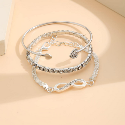 Cubic Zirconia and Silver-Plated Infinity Symbol Three-Piece Bracelet Set, silver bracelet for women, lifestyle look