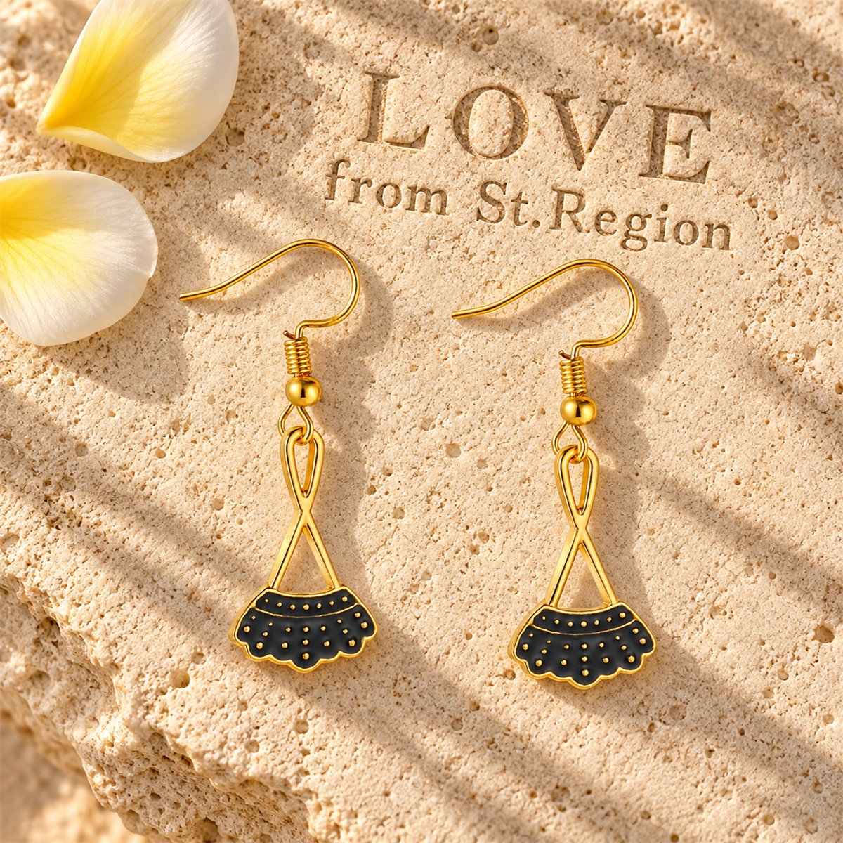 Black Enamel and 18K Gold-Plated Dress Drop Earrings, gold drop earrings for women, everyday style, lifestyle look