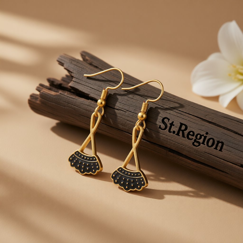 Black Enamel and 18K Gold-Plated Dress Drop Earrings, gold drop earrings for women, everyday style, front view