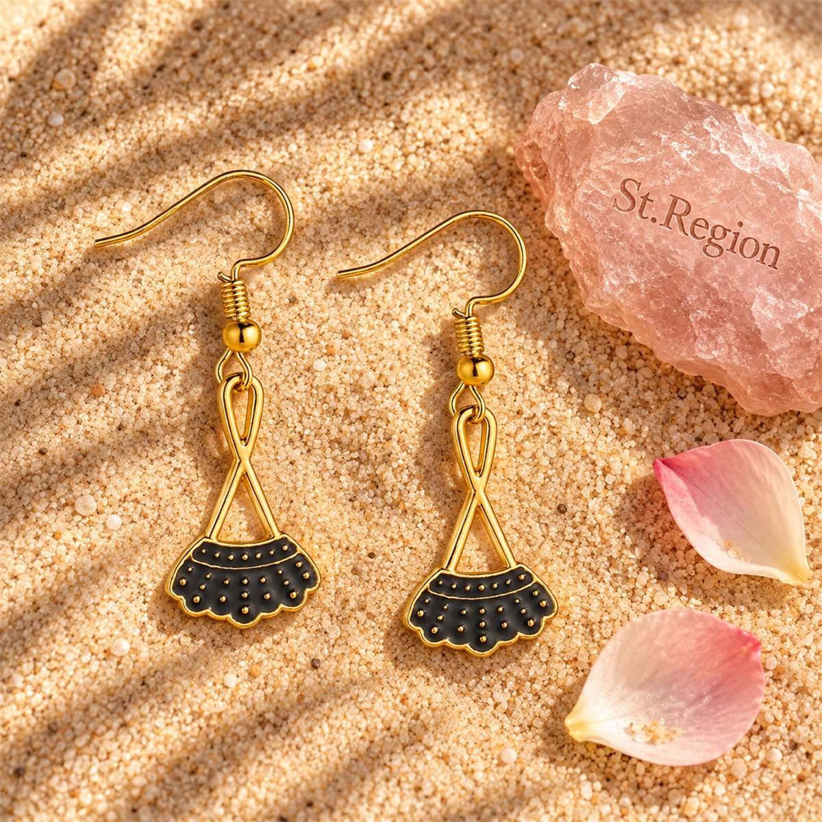 Black Enamel and 18K Gold-Plated Dress Drop Earrings, gold drop earrings for women, everyday style, detail close-up