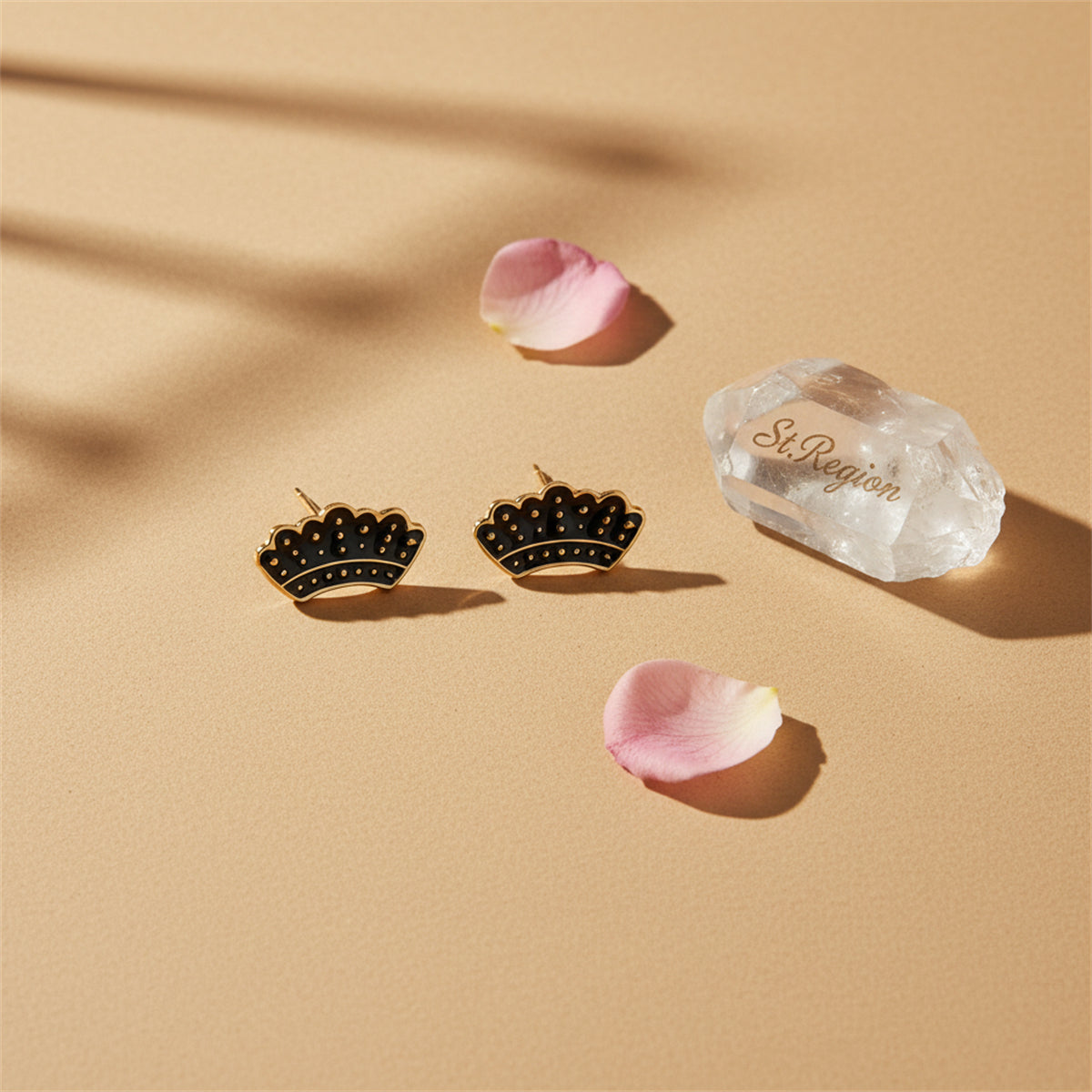 18K Gold-Plated & Black Enamel Crown Stud Earrings - Street Region
