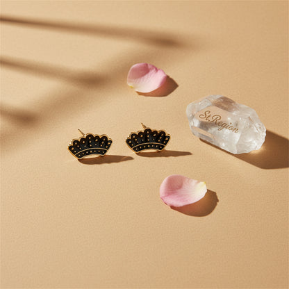 18K Gold-Plated & Black Enamel Crown Stud Earrings - Street Region