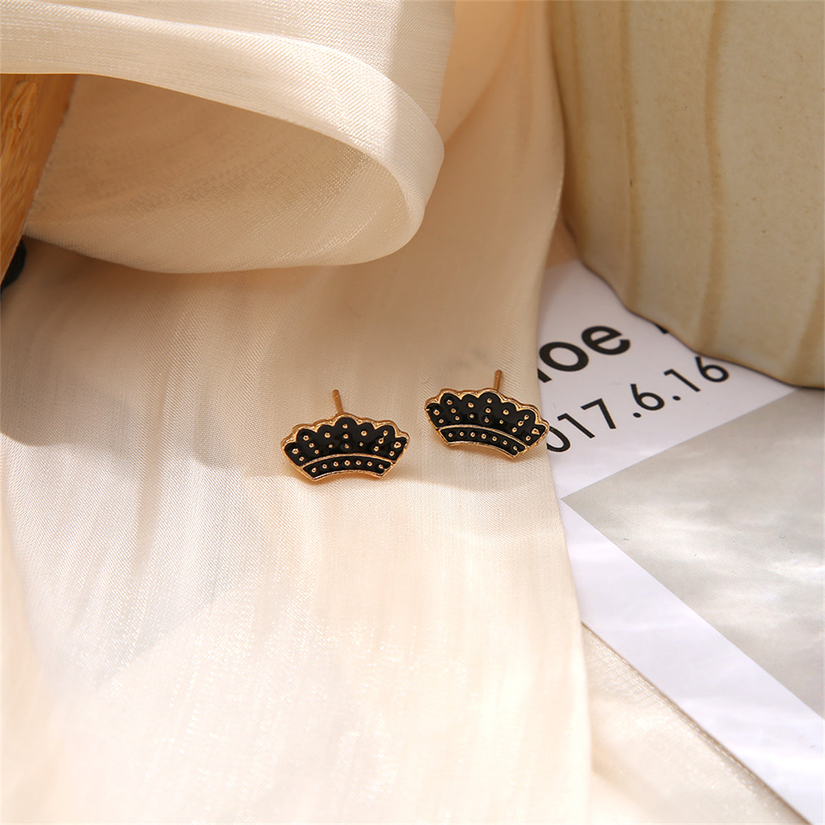 18K Gold-Plated & Black Enamel Crown Stud Earrings