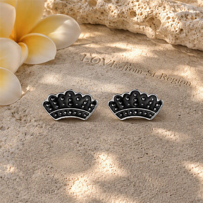Silver-Plated and Black Enamel Crown Stud Earrings, silver stud earrings for women, vintage-inspired design, lifestyle look