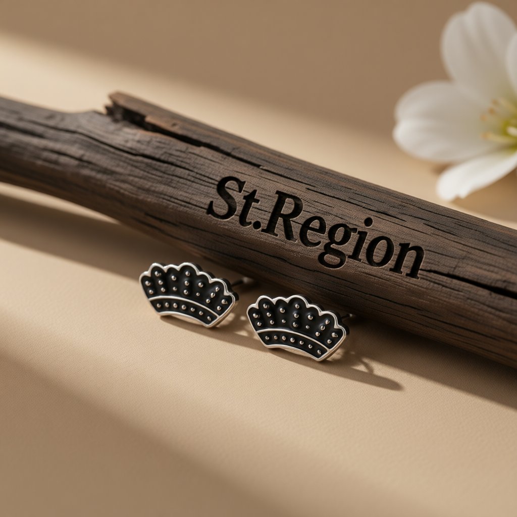 Silver-Plated and Black Enamel Crown Stud Earrings, silver stud earrings for women, vintage-inspired design, front view