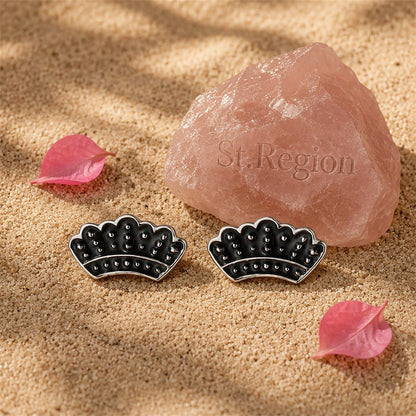 Silver-Plated and Black Enamel Crown Stud Earrings, silver stud earrings for women, vintage-inspired design, detail close-up