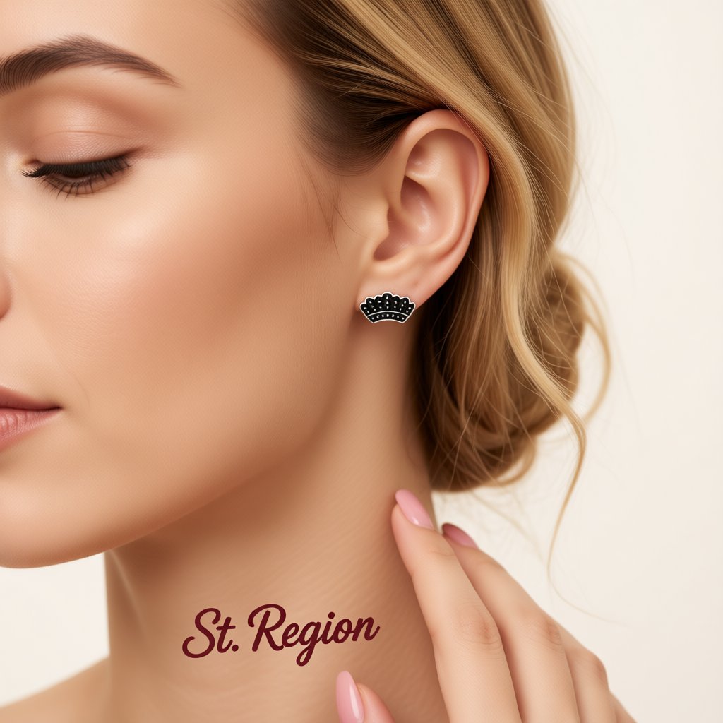 Silver-Plated and Black Enamel Crown Stud Earrings, silver stud earrings for women, vintage-inspired design, styled look