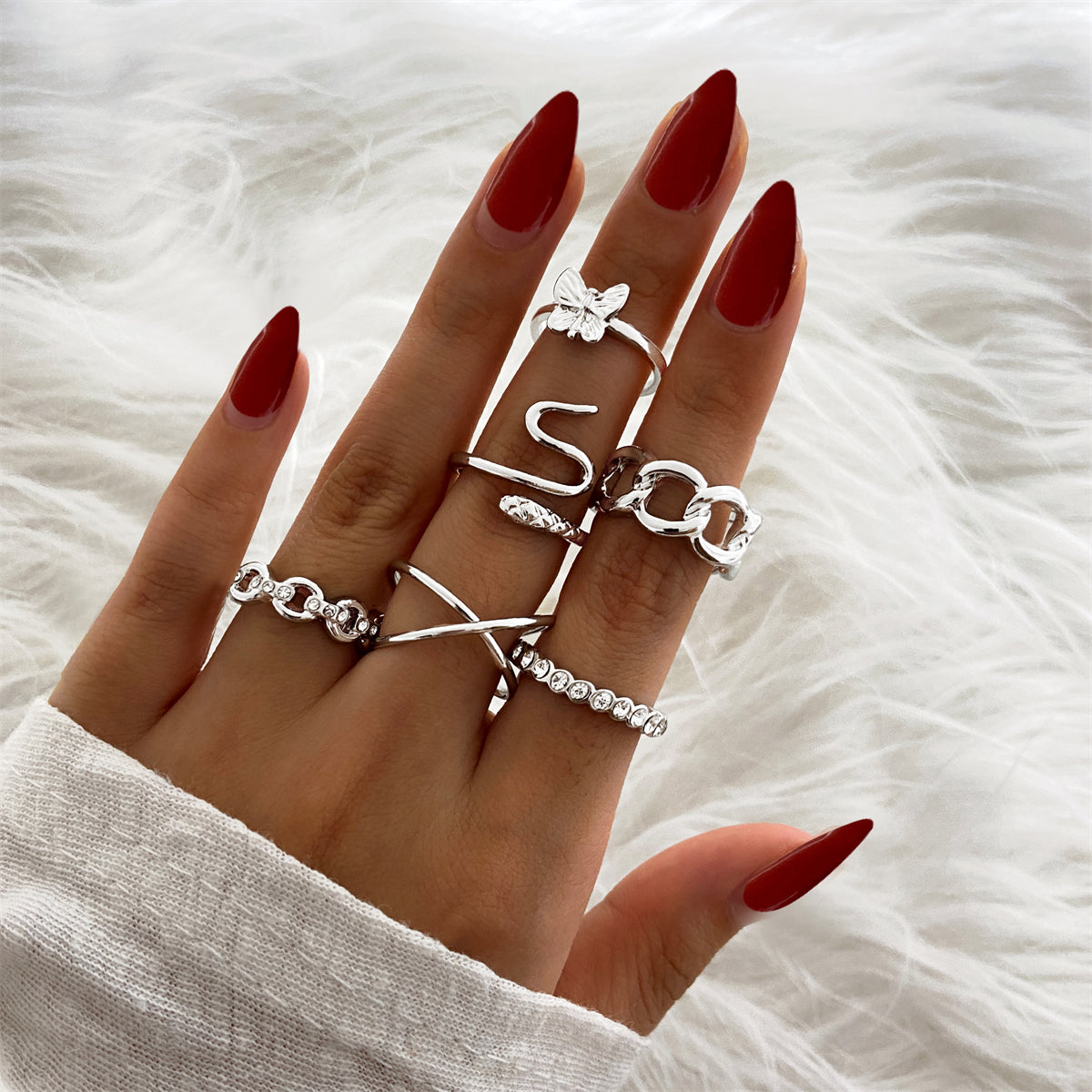 Cubic Zirconia and Silver-Plated Butterfly Snake Ring Set, silver statement rings for women, front view