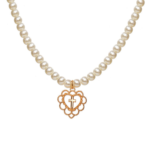 Pearl and 18K Gold-Plated Floral Heart Pendant Necklace, gold pendant necklace for women, elegant gift for her, front view