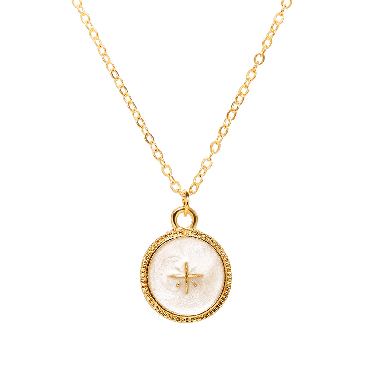 Enamel and 18K Gold-Plated Star Round Pendant Necklace, gold pendant necklace for women, everyday style, front view