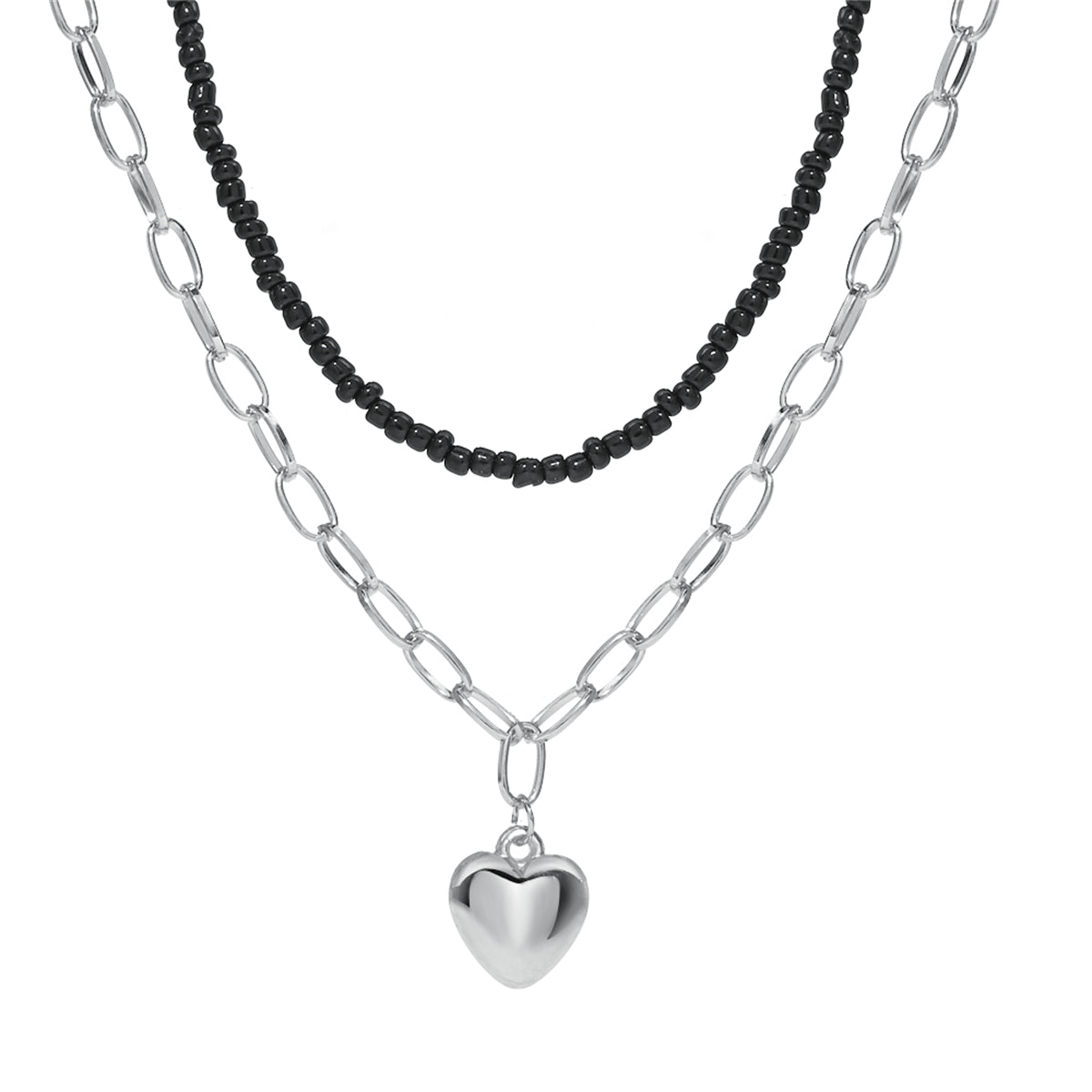 Black Howlite and Silver-Plated Heart Pendant Necklace Set, silver pendant necklace for women, side view