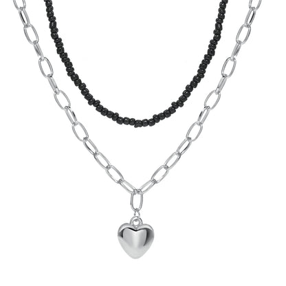Black Howlite and Silver-Plated Heart Pendant Necklace Set, silver pendant necklace for women, side view