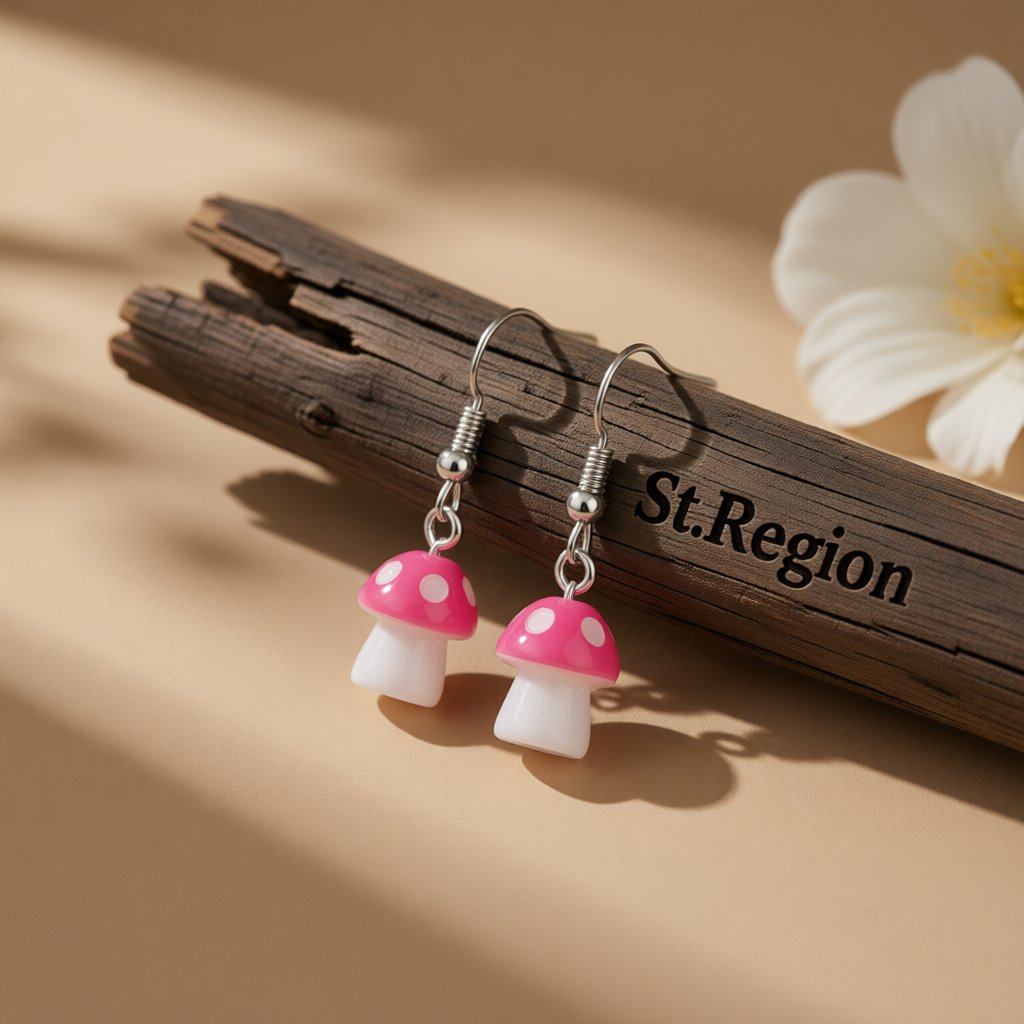 Rose Resin and Silver-Plated Dot Mushroom Drop Earrings, silver drop earrings for women, elegant gift for her, front view