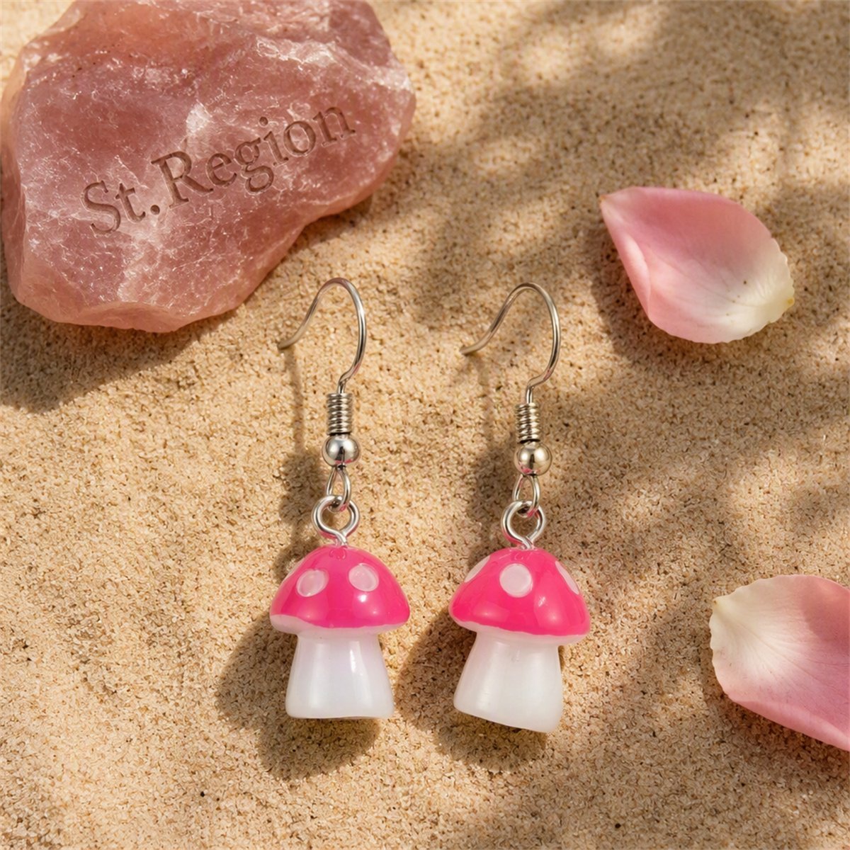 Rose Resin and Silver-Plated Dot Mushroom Drop Earrings, silver drop earrings for women, detail close-up