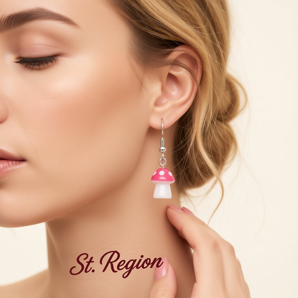 Rose Resin and Silver-Plated Dot Mushroom Drop Earrings, silver drop earrings for women, elegant gift for her, styled look