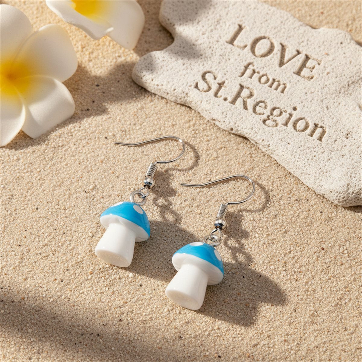 Blue Resin and Silver-Plated Dot Mushroom Drop Earrings, silver drop earrings for women, lifestyle look