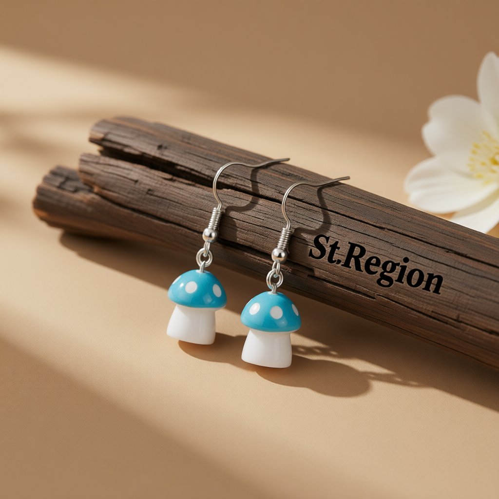 Blue Resin and Silver-Plated Dot Mushroom Drop Earrings, silver drop earrings for women, dainty minimalist design, front view
