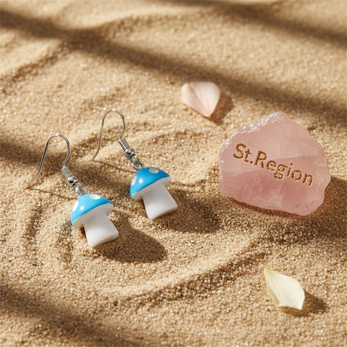 Blue Resin and Silver-Plated Dot Mushroom Drop Earrings, silver drop earrings for women, detail close-up