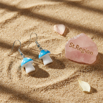 Blue Resin and Silver-Plated Dot Mushroom Drop Earrings, silver drop earrings for women, detail close-up