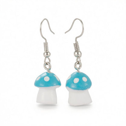 Blue Resin and Silver-Plated Dot Mushroom Drop Earrings, silver drop earrings for women, dainty minimalist design, side view