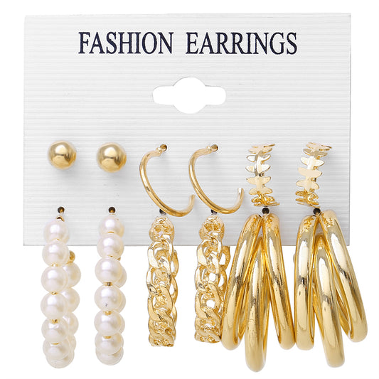 Pearl and 18K Gold-Plated Hoop Earring Set, gold stud earrings for women, elegant gift for her, front view