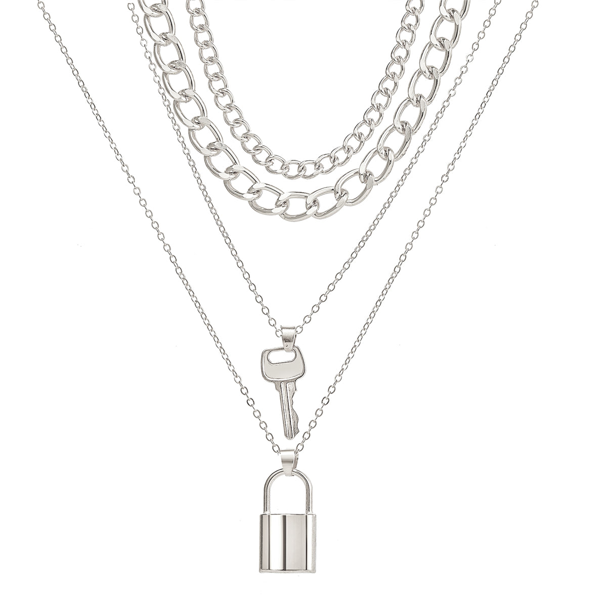 Silver-Plated Key Lock Layered Chain Pendant Necklace