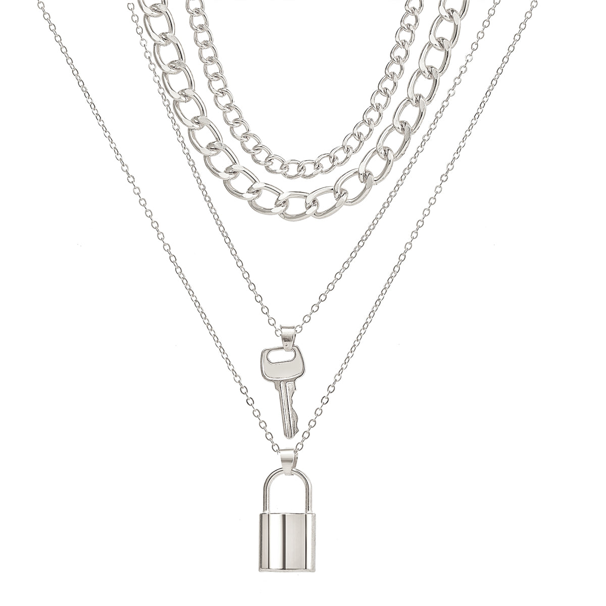 Silver-Plated Key Lock Layered Chain Pendant Necklace, silver pendant necklace for women, dainty minimalist design, side view