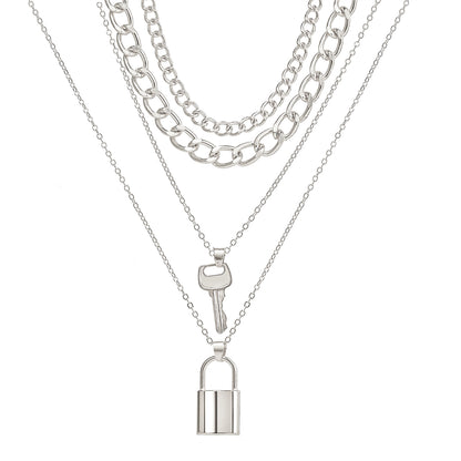 Silver-Plated Key Lock Layered Chain Pendant Necklace, silver pendant necklace for women, dainty minimalist design, side view