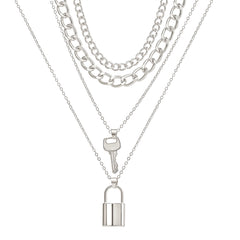Silver-Plated Key Lock Layered Chain Pendant Necklace