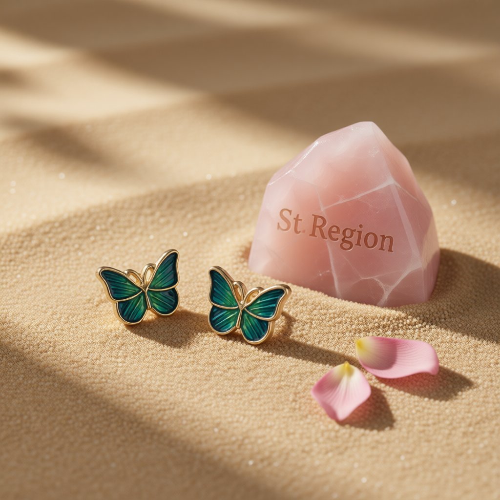 Green Acrylic and 18K Gold-Plated Stripe Butterfly Stud Earrings, gold stud earrings for women, detail close-up