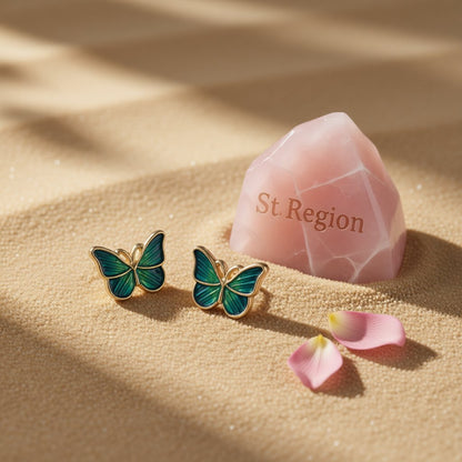 Green Acrylic and 18K Gold-Plated Stripe Butterfly Stud Earrings, gold stud earrings for women, detail close-up