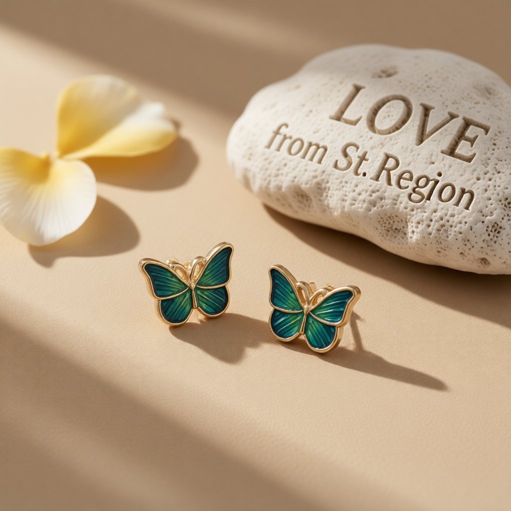 Green Acrylic and 18K Gold-Plated Stripe Butterfly Stud Earrings, gold stud earrings for women, lifestyle look