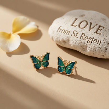 Green Acrylic and 18K Gold-Plated Stripe Butterfly Stud Earrings, gold stud earrings for women, lifestyle look