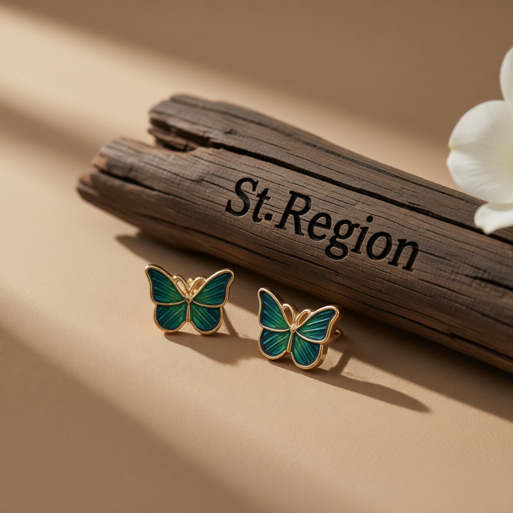 Green Acrylic and 18K Gold-Plated Stripe Butterfly Stud Earrings, gold stud earrings for women, front view