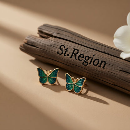 Green Acrylic and 18K Gold-Plated Stripe Butterfly Stud Earrings, gold stud earrings for women, front view