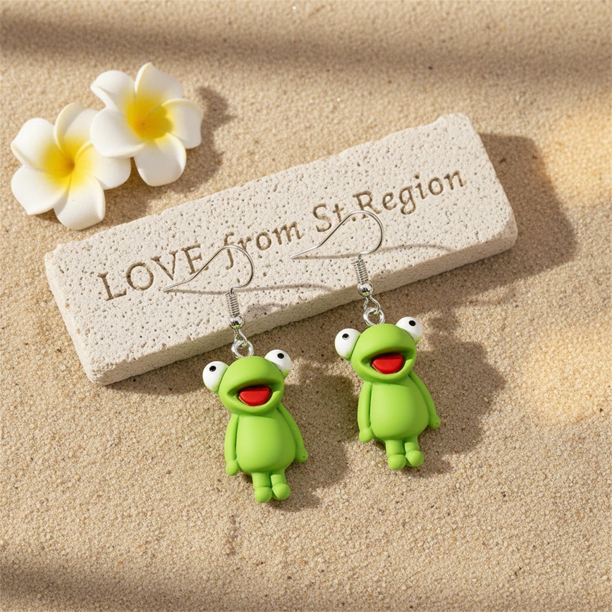 Green Polymer Clay and Silver-Plated Frog Drop Earrings, silver drop earrings for women, lifestyle look