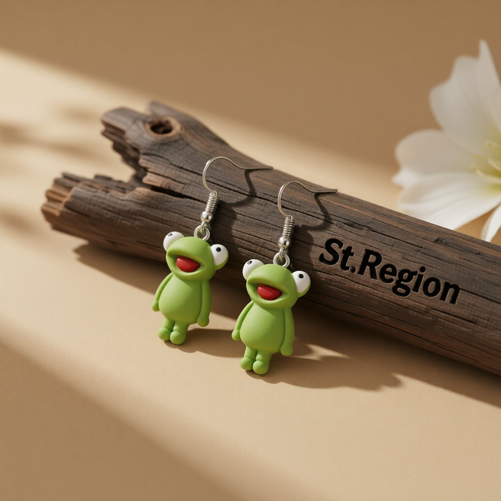 Green Polymer Clay and Silver-Plated Frog Drop Earrings, silver drop earrings for women, dainty minimalist design, front view