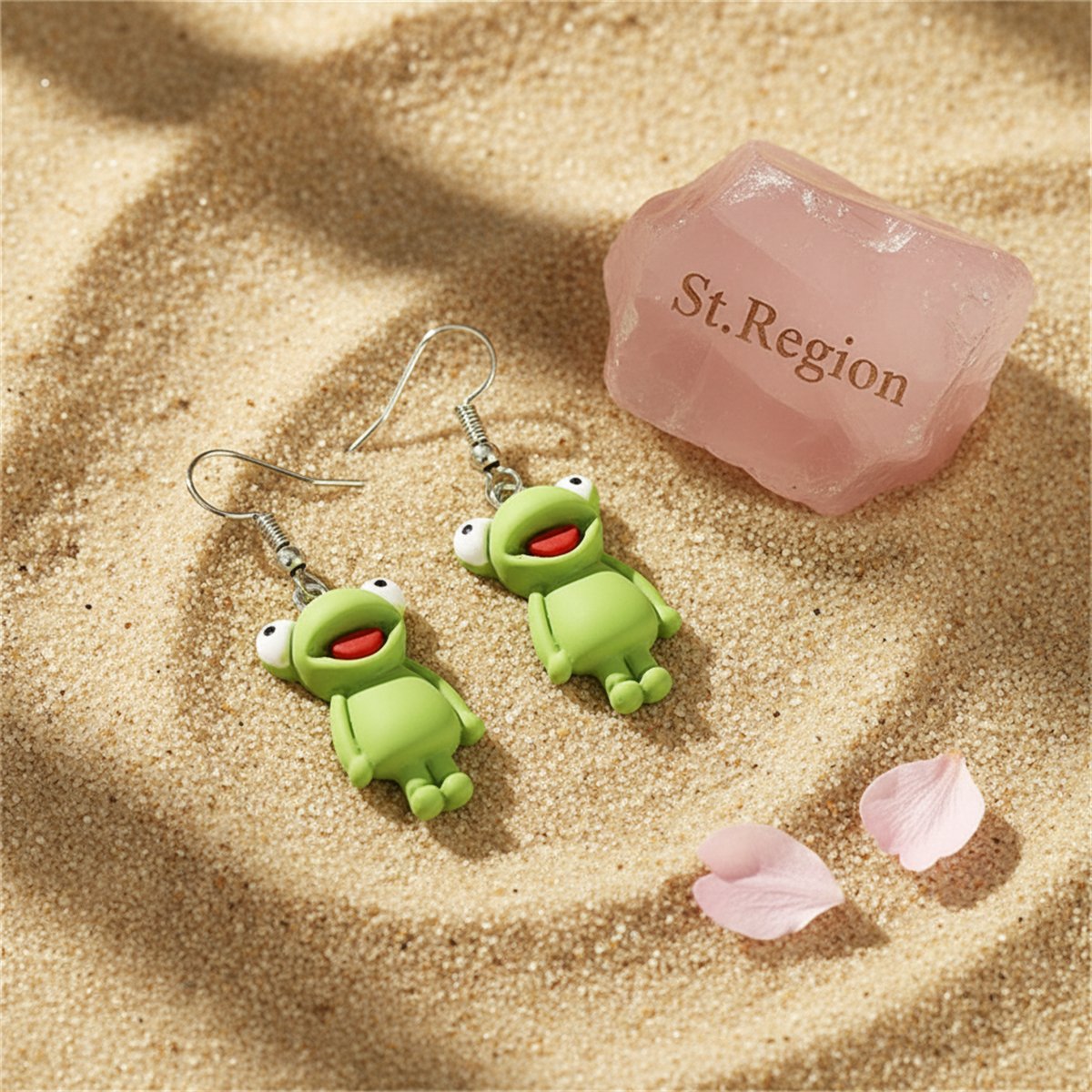 Green Polymer Clay and Silver-Plated Frog Drop Earrings, silver drop earrings for women, detail close-up